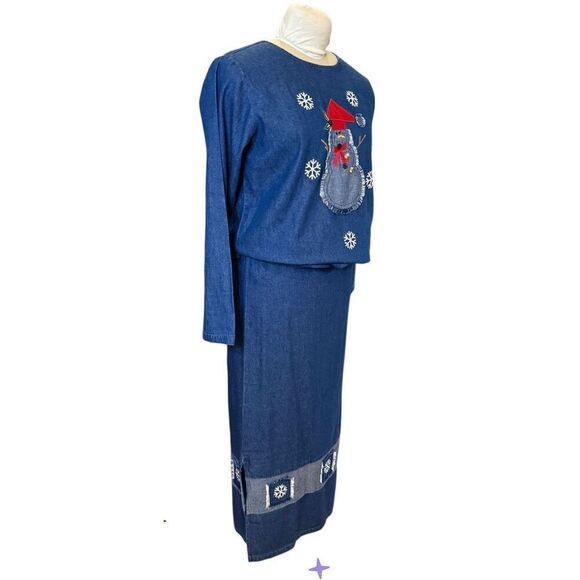 Quacker Factory Denim/Chambray 2-Pc Skirt & Top Holiday Snowman Set Sz. S - Picture 4 of 14